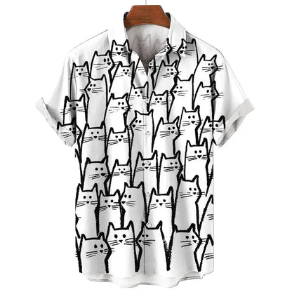 Men's Short Sleeve Shirt Fashion Cartoon Line Cat Pattern Print Top Women's Casual Button Shirt Top by All Mart Bristol Ltd