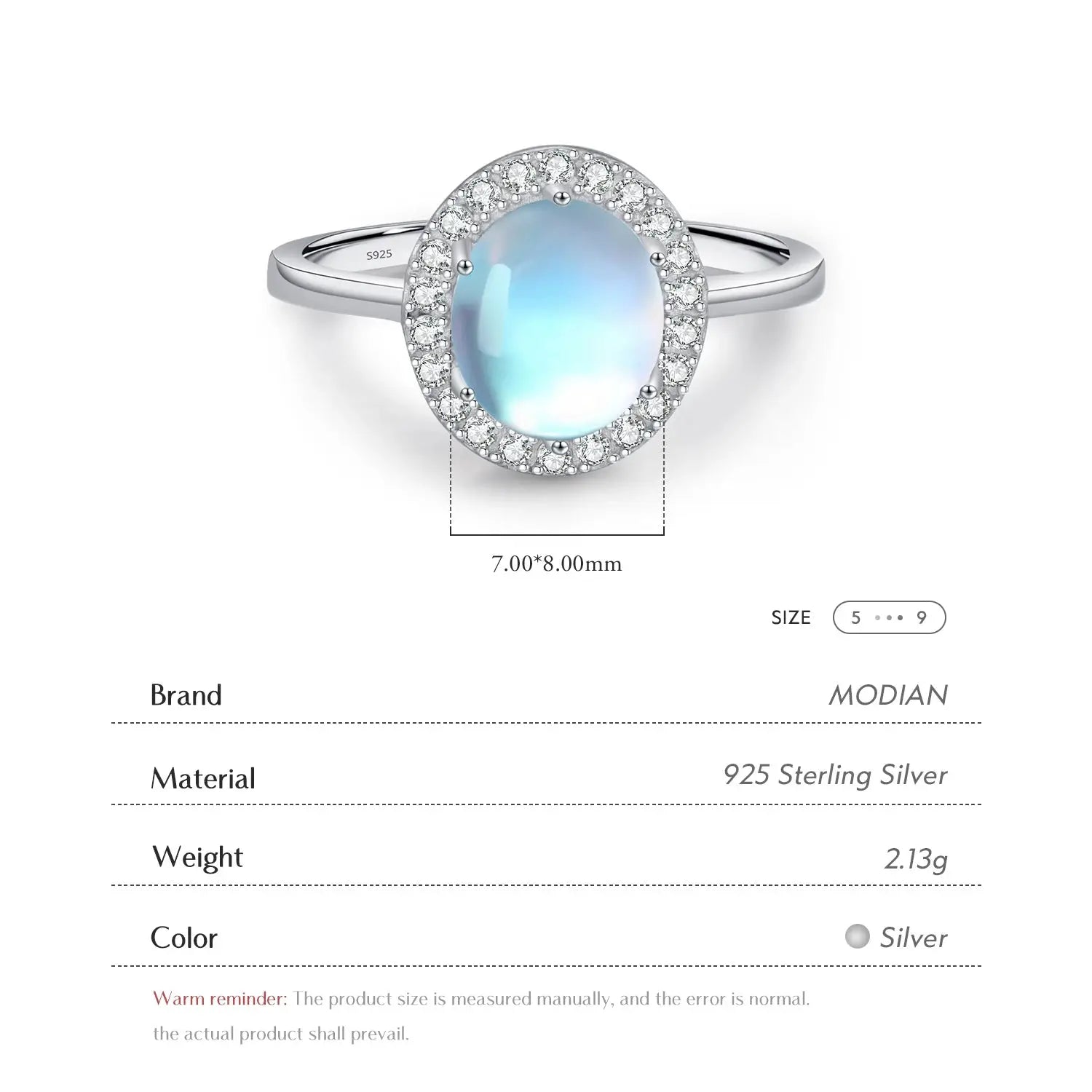 MODIAN 925 Sterling Silver Delicate Luxurt Oval Moonstone Party Finger Ring Shiny Rainbow Color Fine Jewlry For Women Gift by All Mart Bristol Ltd