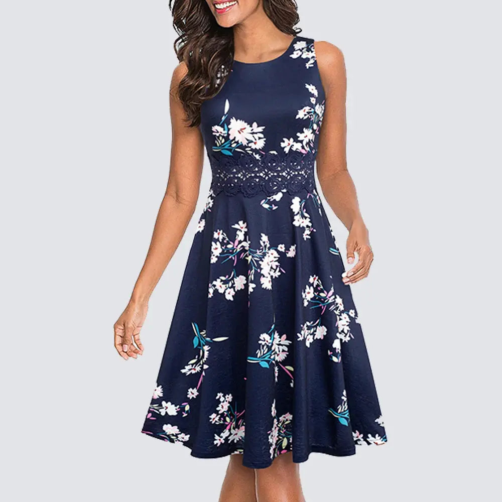 Women Vintage Casual Round Neck A line Summer Elegant Floral Lace Patchwork Sleeveless Tunic Party Swing Dress HA079 by All Mart Bristol Ltd
