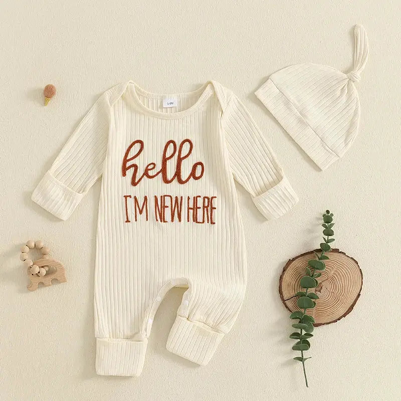Newborn Baby Boy Fall Clothes Set Casual Letter Embroidery Long Sleeve Ribbed Romper Jumpsuit and Hat 2Pieces Set for Infants by All Mart Bristol Ltd