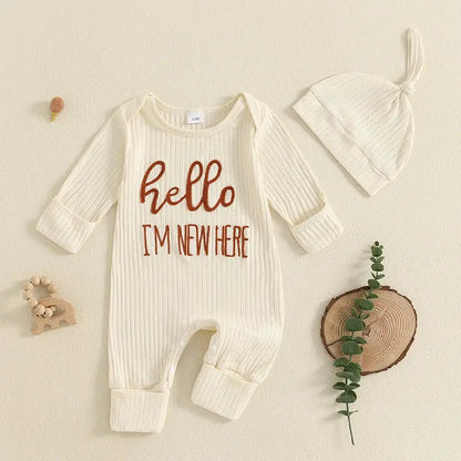 Newborn Baby Boy Fall Clothes Set Casual Letter Embroidery Long Sleeve Ribbed Romper Jumpsuit and Hat 2Pieces Set for Infants by All Mart Bristol Ltd