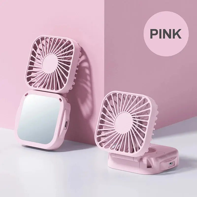 Outdoor Pocket Fan USB Rechargeable With Vanity Mirror Desktop Square Mute Neck Fan Hanging Folding Handheld Portable Mini Fan by All Mart Bristol Ltd