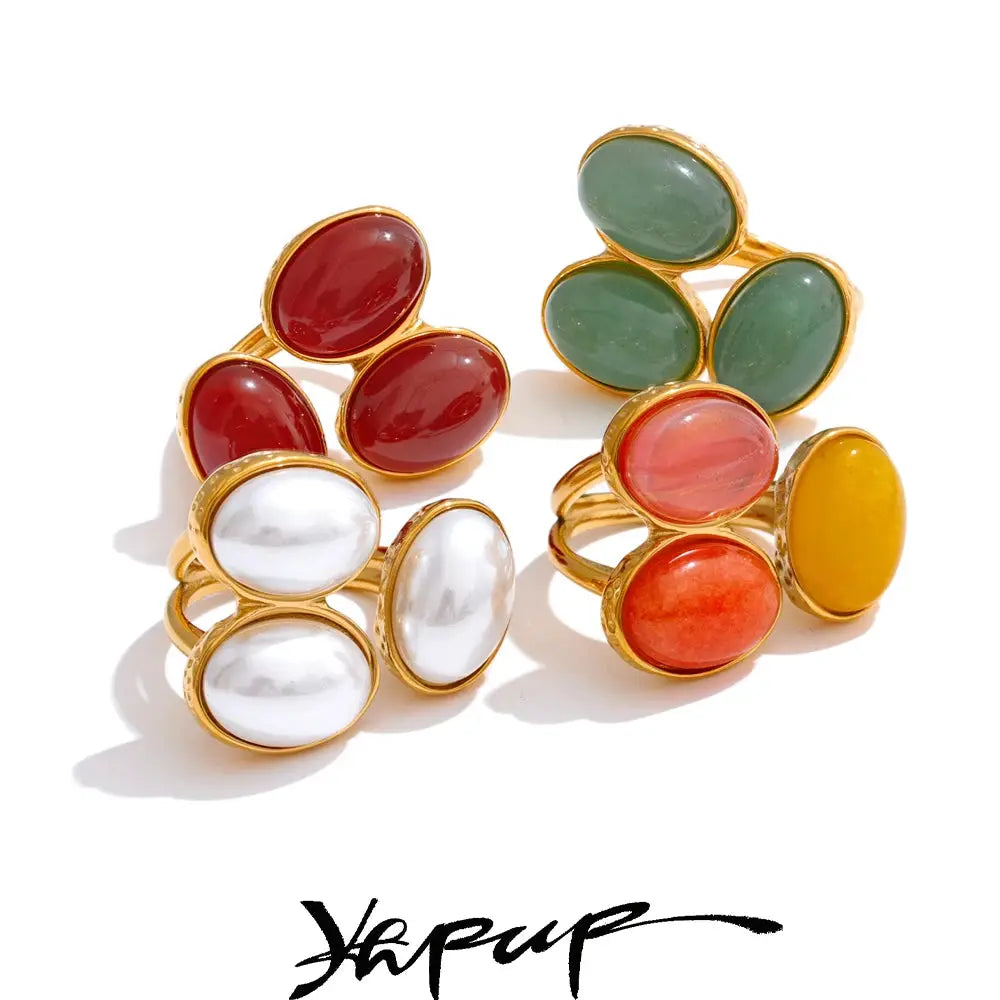 Yhpup Natural Aventurine Agate Stone Shell Pearl Flower Adjustable Ring Fashion Stainless Steel Charm Finger Jewelry Accessories by All Mart Bristol Ltd