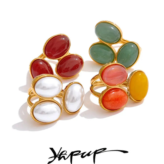 Yhpup Natural Aventurine Agate Stone Shell Pearl Flower Adjustable Ring Fashion Stainless Steel Charm Finger Jewelry Accessories by All Mart Bristol Ltd