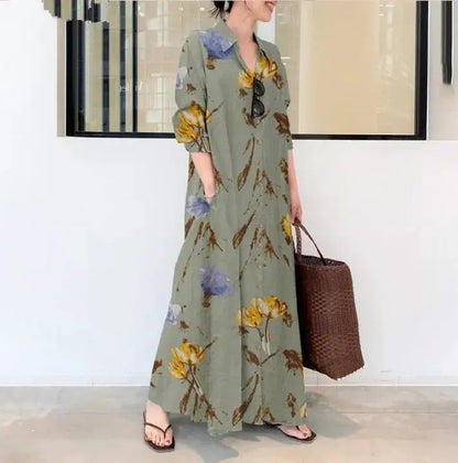 Fashion Cotton Linen Women Dress Maxi Ethnic Style Streetwear Elegant Vestidos Casual Vintage Loose Long Dresses Woman Clothes by All Mart Bristol Ltd
