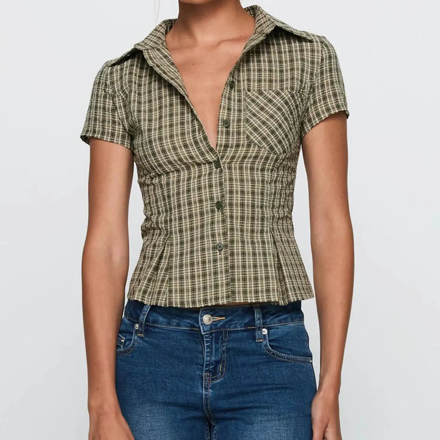 hirigin Women's Y2K Short Sleeve Plaid Button Down Shirt Button Down Blouses Tops Casual Summer Shirt Tops 90s Streetwear by All Mart Bristol Ltd