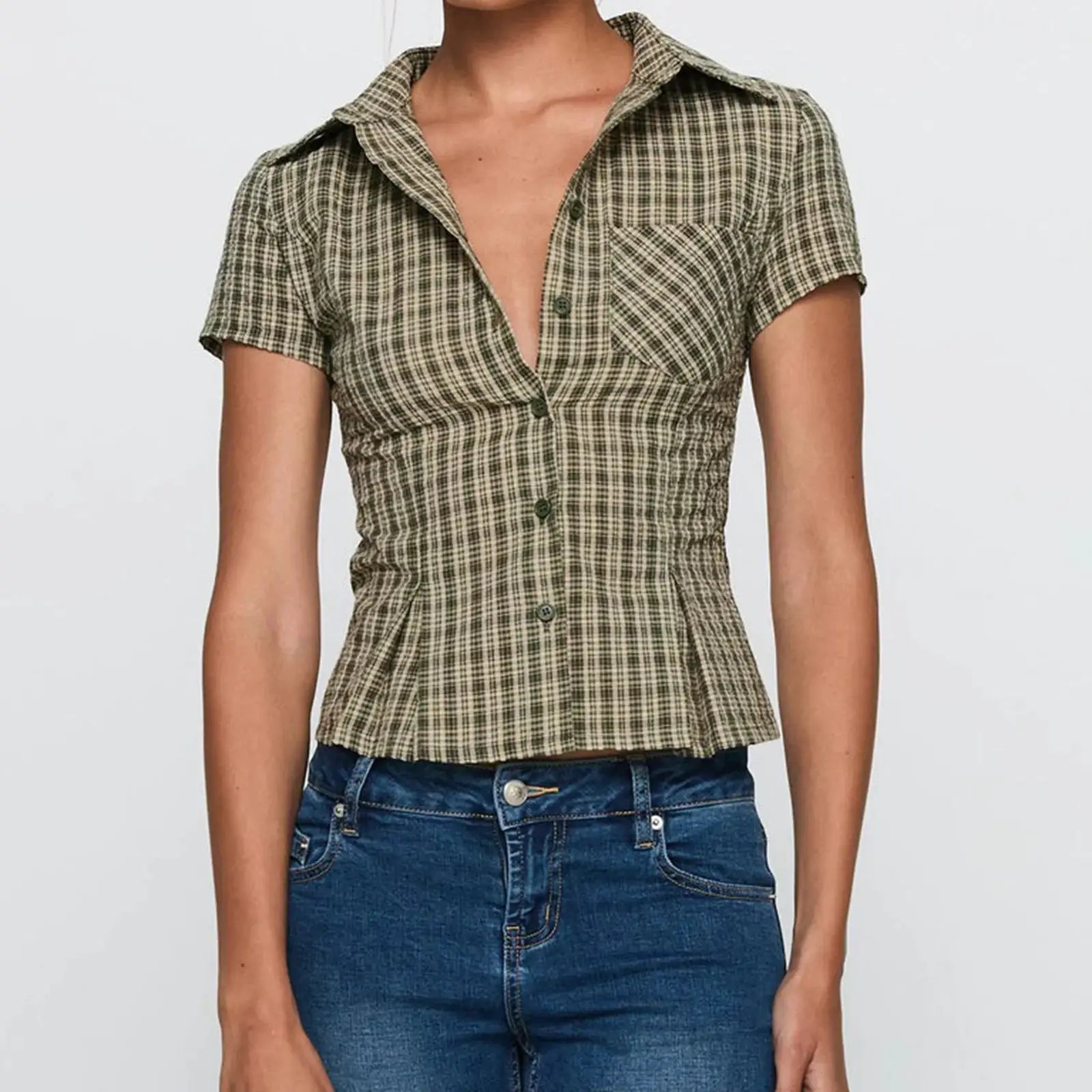 hirigin Women's Y2K Short Sleeve Plaid Button Down Shirt Button Down Blouses Tops Casual Summer Shirt Tops 90s Streetwear by All Mart Bristol Ltd
