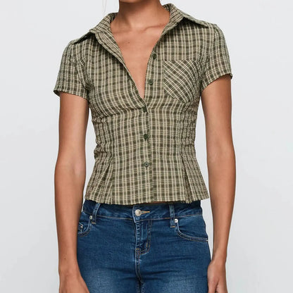 hirigin Women's Y2K Short Sleeve Plaid Button Down Shirt Button Down Blouses Tops Casual Summer Shirt Tops 90s Streetwear by All Mart Bristol Ltd