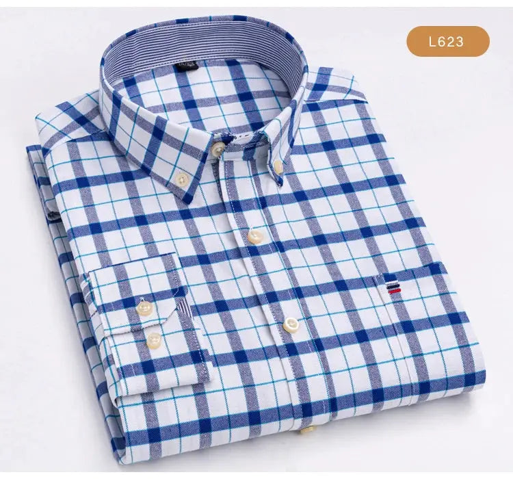 Men's Trendy Plaid Striped Lapel Collar Design Cotton Dress Shirts, Long Sleeve Casual Button Up Commuter Shirt For Spring/Fall by All Mart Bristol Ltd