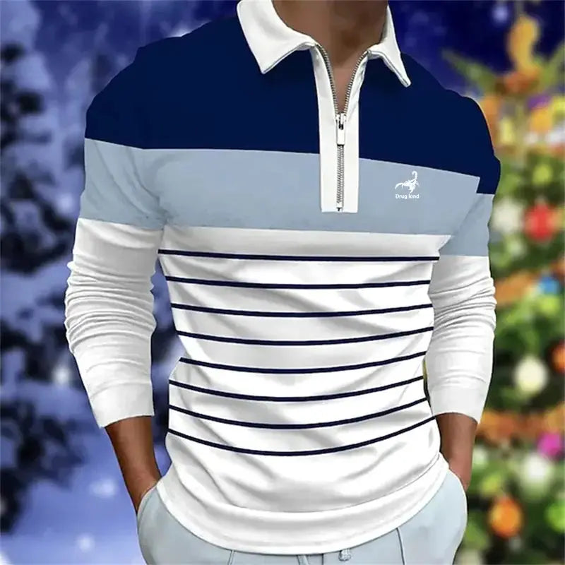 Spring Autumn New Stripe Zipper Polo Shirt Men Sport Fashion Logo Print Long Sleeve Business Casual Polo Shirt 100% Polyester by All Mart Bristol Ltd