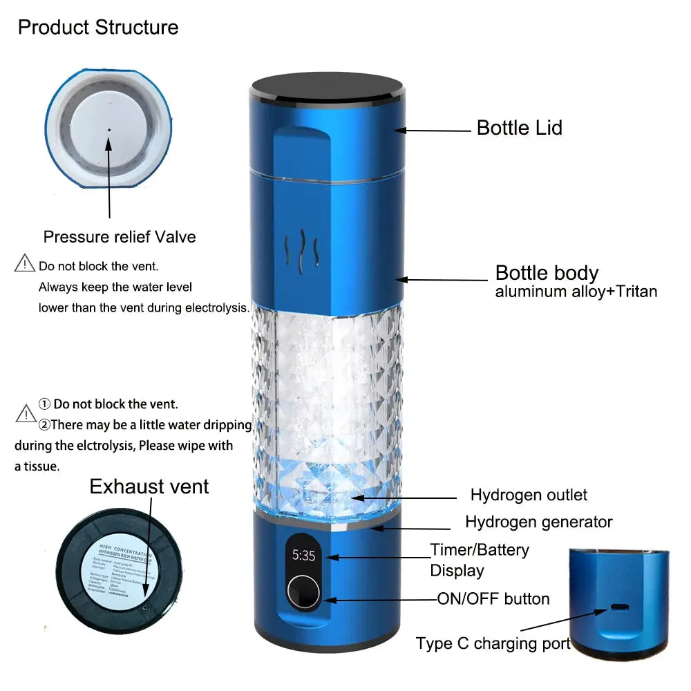 hydrogen water bottle 5000+ppb SPE/PEM hydroegn water flask rechargeable hydrogen water ionizer inhalation generator by All Mart Bristol Ltd
