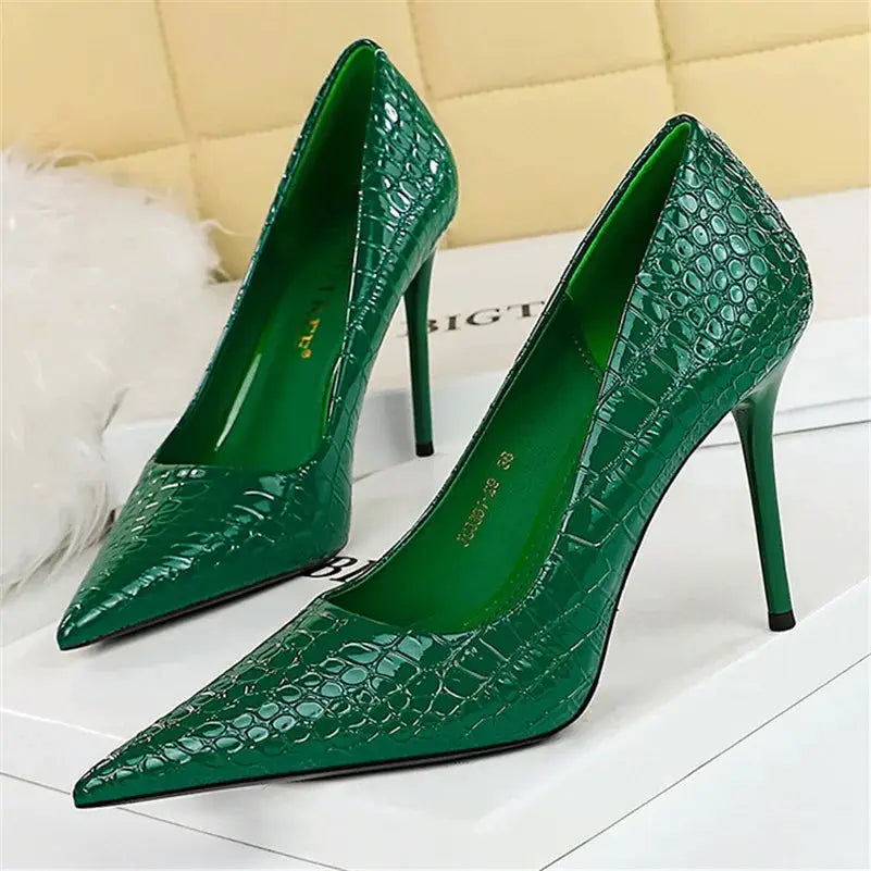 Women 10cm High Heels Stiletto Pumps Pointed Toe Green Nude Heels Office Lady Serpentine Patent Leather Wedding Party Prom Shoes by All Mart Bristol Ltd