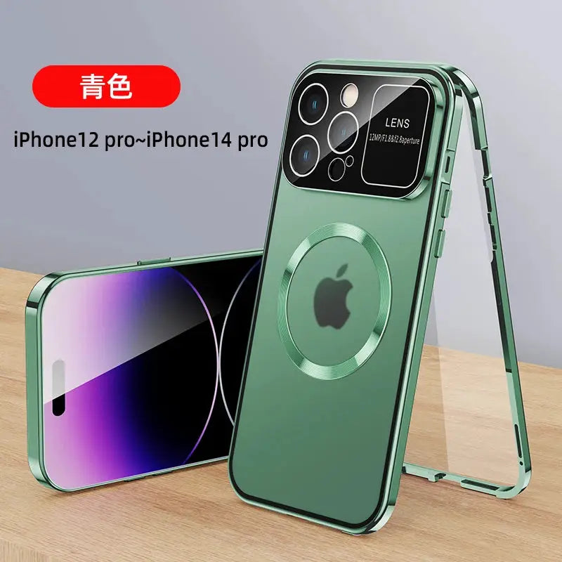 For iPhone 16 15 14 13 12 Pro Max Large Window Lens Protection Aluminum Metal Magnetic Case Shockproof Cover Screen Protector by All Mart Bristol Ltd
