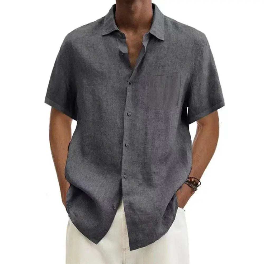 Summer Hot Sale Men's Cotton Linen Short-Sleeved Shirts Men Solid Color Turn-down Collar Casual Beach Style Plus Size Tops by All Mart Bristol Ltd