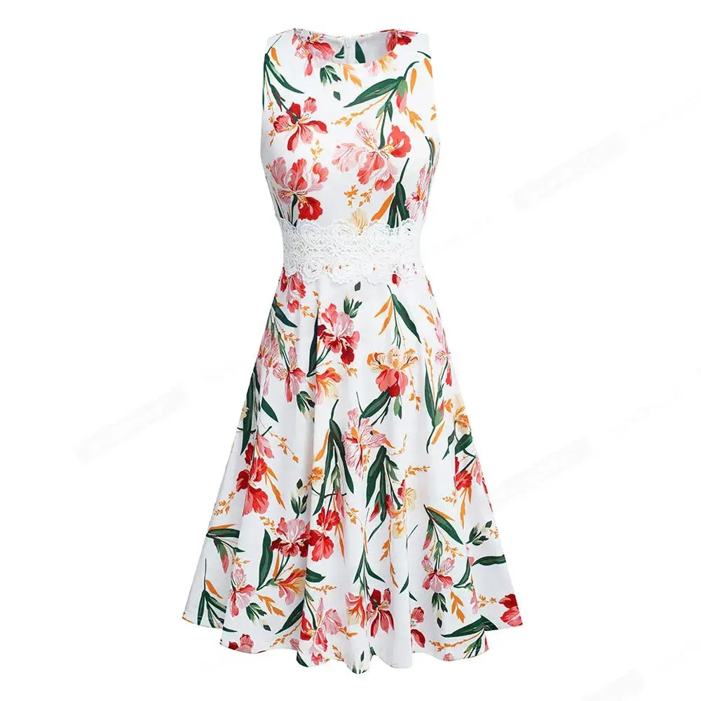 Women Vintage Casual Round Neck A line Summer Elegant Floral Lace Patchwork Sleeveless Tunic Party Swing Dress HA079 by All Mart Bristol Ltd