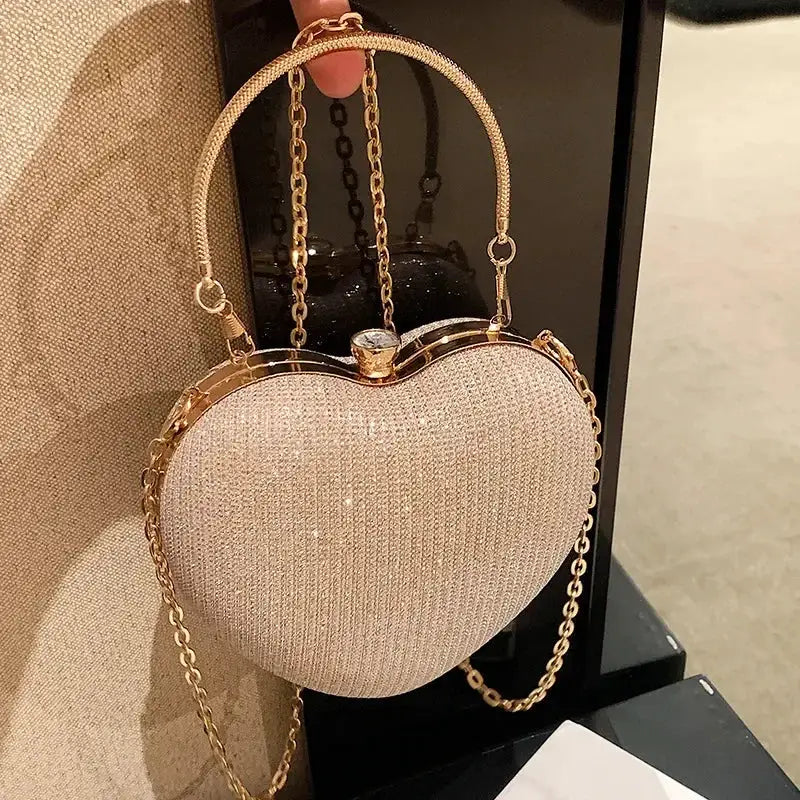 Evening Clutch Bag Women Bag Shiny Handbag Heart Shape Metal Clutches Bag Fashion Chain Shoulder Crossbody Bag Luxury Lady Purse by All Mart Bristol Ltd