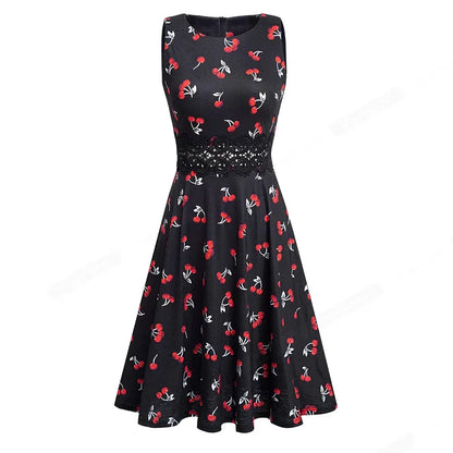 Women Vintage Casual Round Neck A line Summer Elegant Floral Lace Patchwork Sleeveless Tunic Party Swing Dress HA079 by All Mart Bristol Ltd