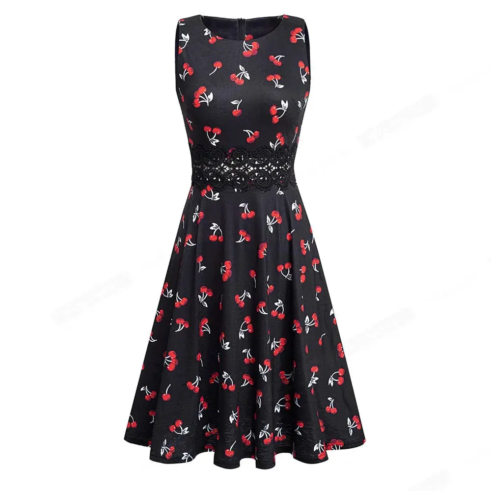 Women Vintage Casual Round Neck A line Summer Elegant Floral Lace Patchwork Sleeveless Tunic Party Swing Dress HA079 by All Mart Bristol Ltd