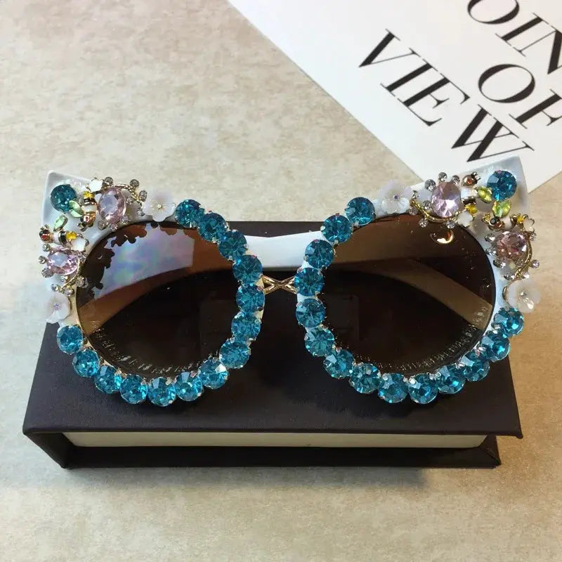 Brand Design Handmade Rhinestone Cat Eye Sunglasses Fashion Glasses Women Flower with Pearl Round Vintage Sunglasses Beach Party by All Mart Bristol Ltd