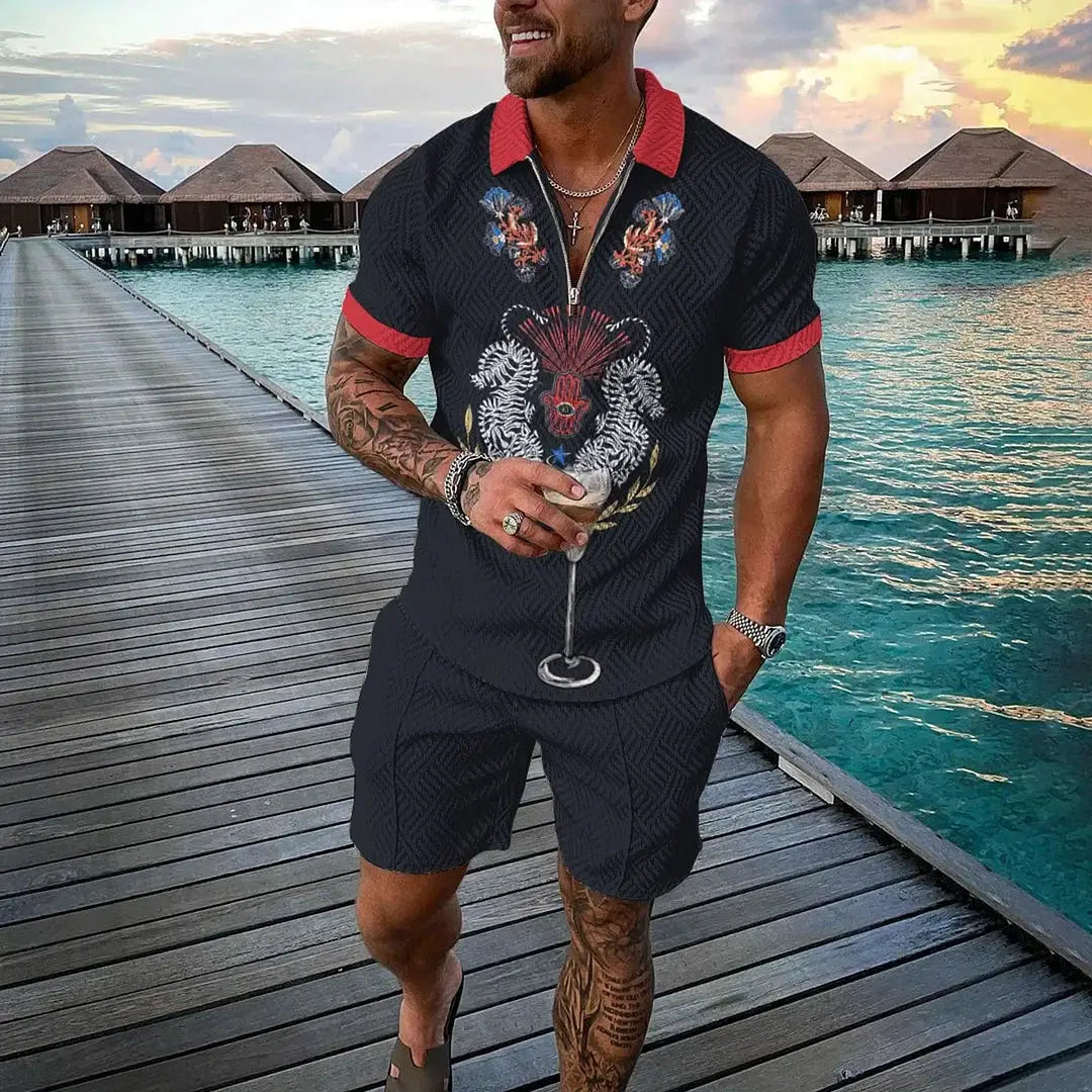 Vintage Men's Suit Zipper Polo Shirt Shorts Pants 2 Piece Set Coconut Tree Animal 3D Print Casual Men Tracksuit Ropa Barata by All Mart Bristol Ltd