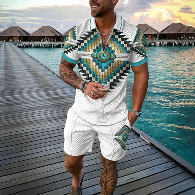 Vintage Men's Suit Zipper Polo Shirt Shorts Pants 2 Piece Set Coconut Tree Animal 3D Print Casual Men Tracksuit Ropa Barata by All Mart Bristol Ltd