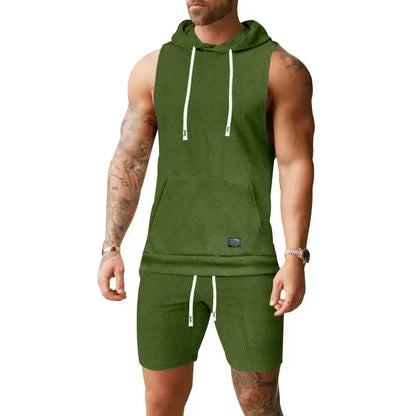 Men Casual 2 Piece Set Fashion Jacquard Knitted T-shirt Hooded Sleeveless Vest Elastic Waist Shorts Jogging Fitness Apparel by All Mart Bristol Ltd