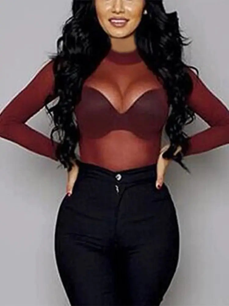 Sexy Women T Shirt See Through Transparent Mesh Tops Long Sleeve Sheer Slim Ladies Turtleneck T-Shirt by All Mart Bristol Ltd