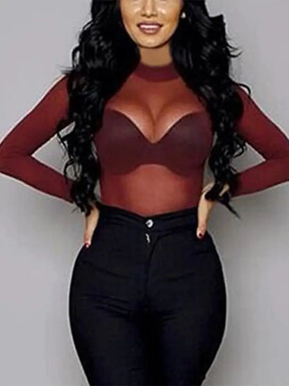 Sexy Women T Shirt See Through Transparent Mesh Tops Long Sleeve Sheer Slim Ladies Turtleneck T-Shirt by All Mart Bristol Ltd