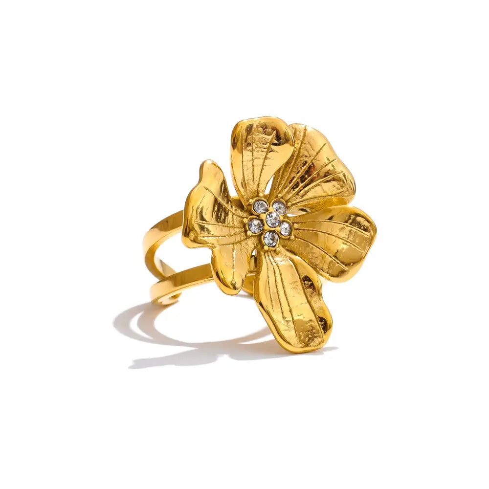 Yhpup Women's Adjustable Golden Flower Ring Rhinestone Stainless Steel Big Trending Finger Jewelry Accessories Gift by All Mart Bristol Ltd