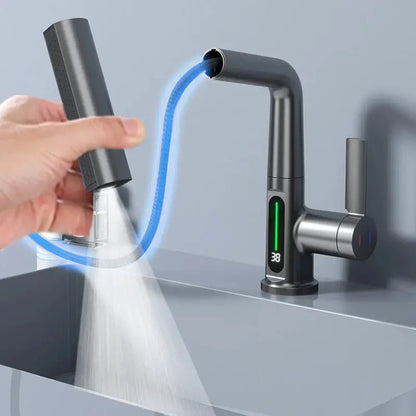 Waterfall Temperature Digital Display Basin Faucet Lift Up Down Stream Sprayer Hot Cold Water Sink Mixer Wash Tap For Bathroom by All Mart Bristol Ltd
