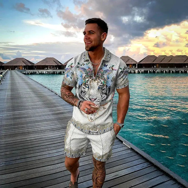 Vintage Men's Suit Zipper Polo Shirt Shorts Pants 2 Piece Set Coconut Tree Animal 3D Print Casual Men Tracksuit Ropa Barata by All Mart Bristol Ltd