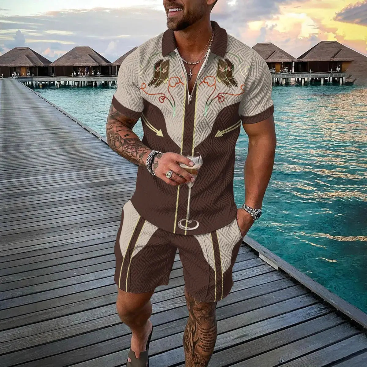 Vintage Men's Suit Zipper Polo Shirt Shorts Pants 2 Piece Set Coconut Tree Animal 3D Print Casual Men Tracksuit Ropa Barata by All Mart Bristol Ltd