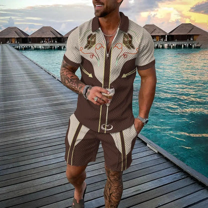 Vintage Men's Suit Zipper Polo Shirt Shorts Pants 2 Piece Set Coconut Tree Animal 3D Print Casual Men Tracksuit Ropa Barata by All Mart Bristol Ltd