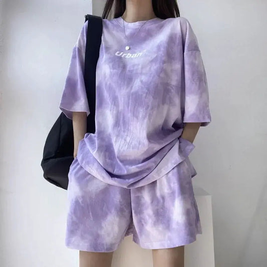 Women T-Shirt Shorts Suit Set Casual Tie Dye Loose tshirt and wide leg middle shorts with pockets female Soft Summer Shorts Sets by All Mart Bristol Ltd