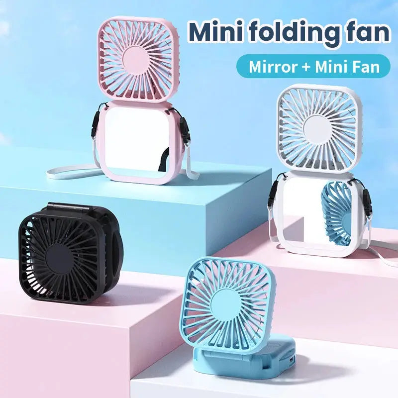Outdoor Pocket Fan USB Rechargeable With Vanity Mirror Desktop Square Mute Neck Fan Hanging Folding Handheld Portable Mini Fan by All Mart Bristol Ltd