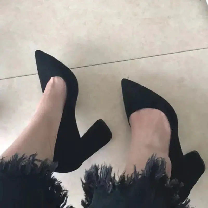 Summer Women 8.5cm High Heels Pumps Escarpins Elegant Sweet Lady Wedding Block Square Middle Heels Flock Suede Nightclub Shoes by All Mart Bristol Ltd
