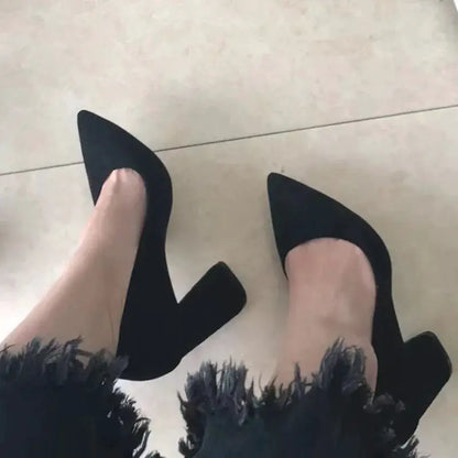Summer Women 8.5cm High Heels Pumps Escarpins Elegant Sweet Lady Wedding Block Square Middle Heels Flock Suede Nightclub Shoes by All Mart Bristol Ltd