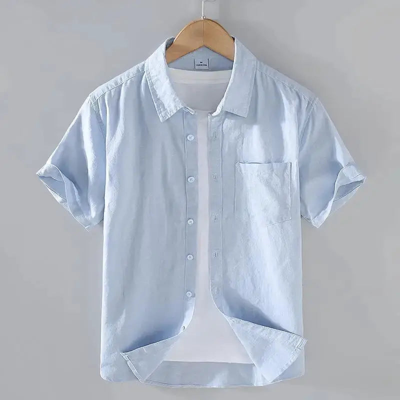 Men's Cotton Linen Short-Sleeved Shirt Summer Streetwear Plain Color Stand Collar Casual Beach Style plus Size M-3XL by All Mart Bristol Ltd