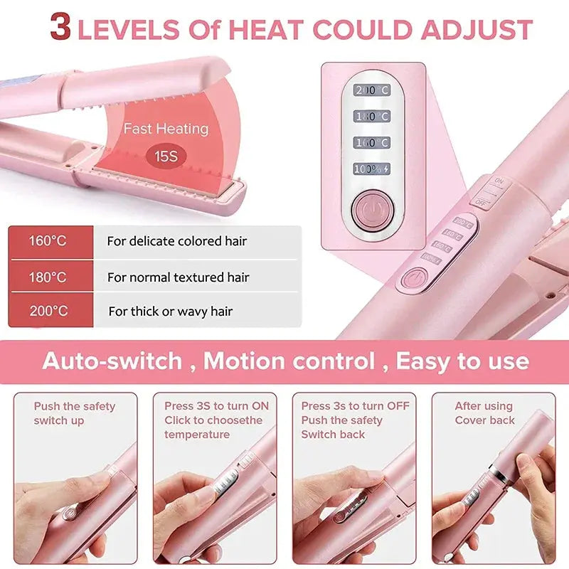 2-IN-1 Cordless Electric Heating Hair Straightener Rechargeable Travel Double Use Straight Hair Straightener And Curling Iron by All Mart Bristol Ltd
