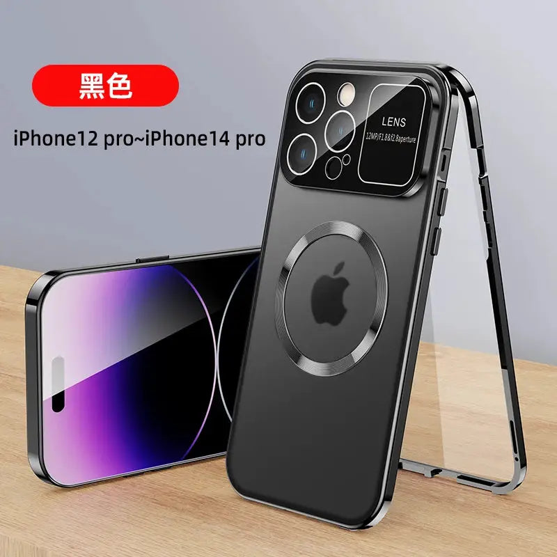 For iPhone 16 15 14 13 12 Pro Max Large Window Lens Protection Aluminum Metal Magnetic Case Shockproof Cover Screen Protector by All Mart Bristol Ltd