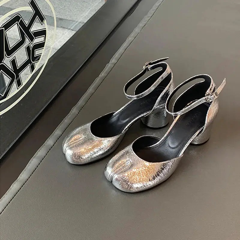 Modern Heels Pumps Women Round High Heel Leather Square Split Toe Pumps Shoes Spring Summer Sandals Mary Janes Shoes Heels Women by All Mart Bristol Ltd