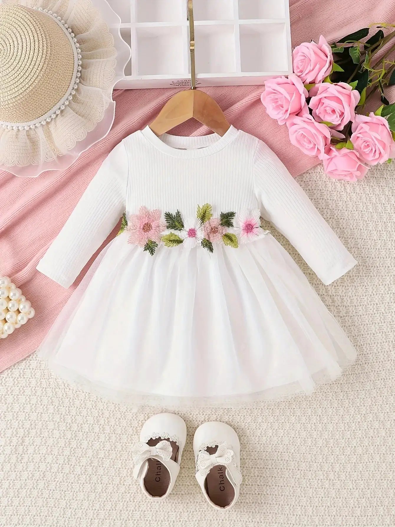 Prowow 3-24M Baby Girls Dresses Long Sleeve Pink White Patchwork Belted Dress For Girl Newborn Baby Clothes Infants by All Mart Bristol Ltd