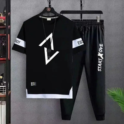 Hot selling new men's casual sports set fashionable and trendy printed versatile round neck T-shirt+sports pants two-piece set by All Mart Bristol Ltd