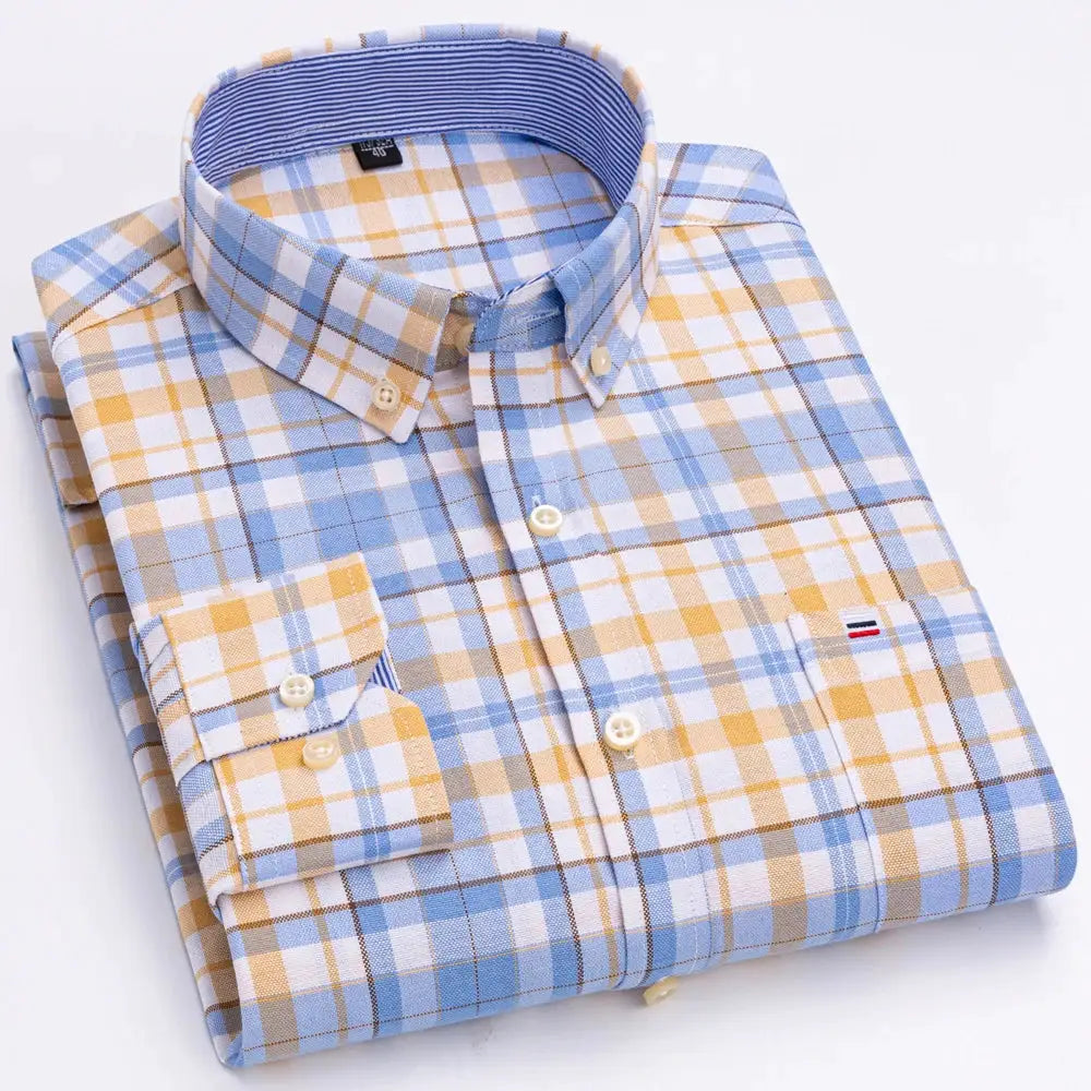 Men's Trendy Plaid Striped Lapel Collar Design Cotton Dress Shirts, Long Sleeve Casual Button Up Commuter Shirt For Spring/Fall by All Mart Bristol Ltd