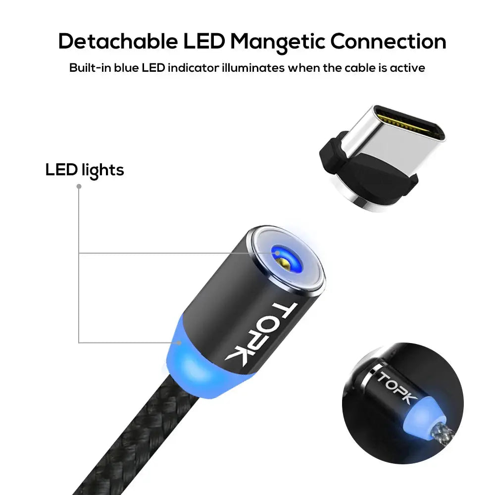 Magnetic Charging Cable 3 IN 1 TOPK 360 Degree Rotating Magnetic Phone Charger Cable Nylon Braided Magnetic Micro USB C Cable by All Mart Bristol Ltd