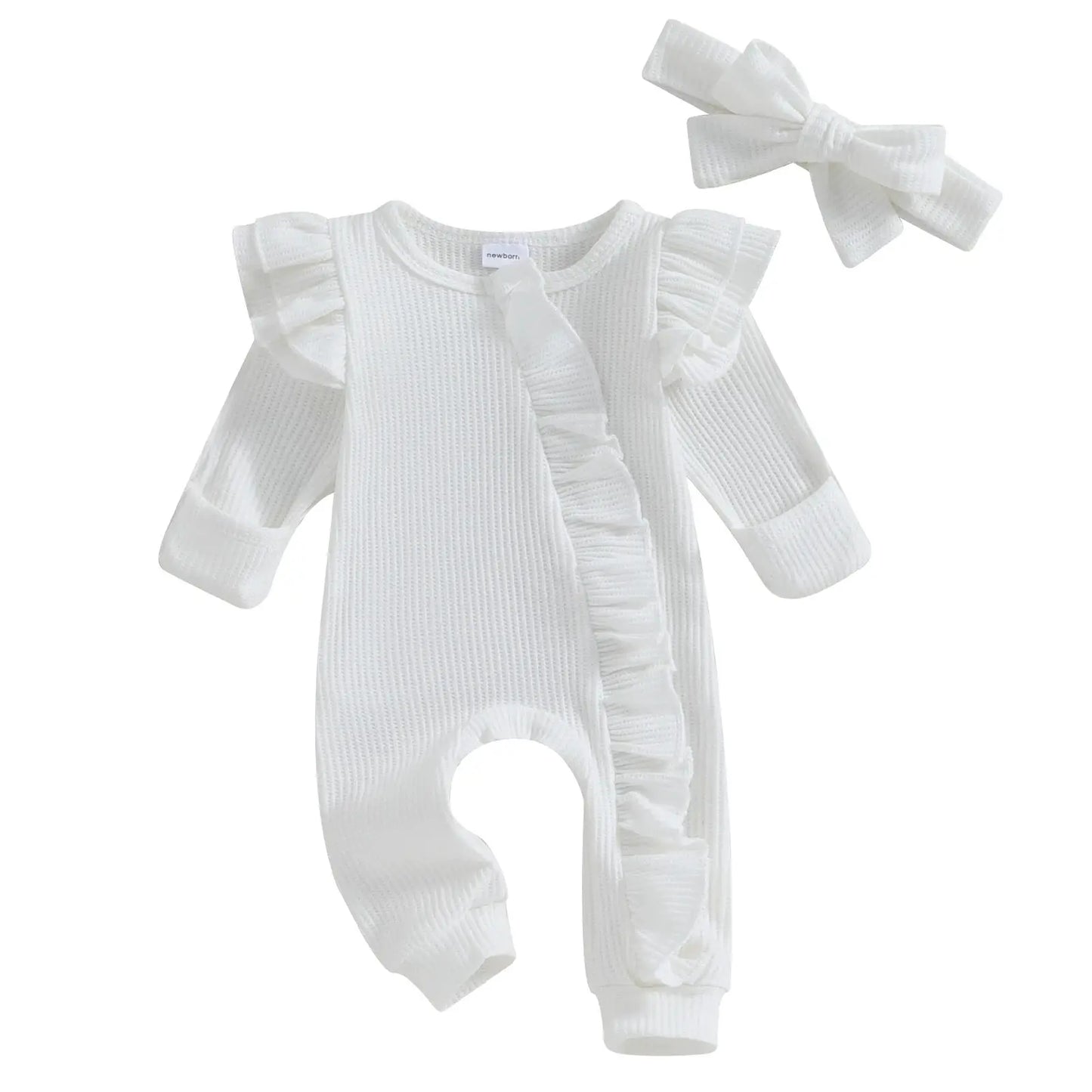 Pudcoco Infant Baby Girl Autumn Jumpsuit Solid Color Round Neck Flying Sleeve Ruffled Zipper Romper with Bow Headband 0-12M by All Mart Bristol Ltd