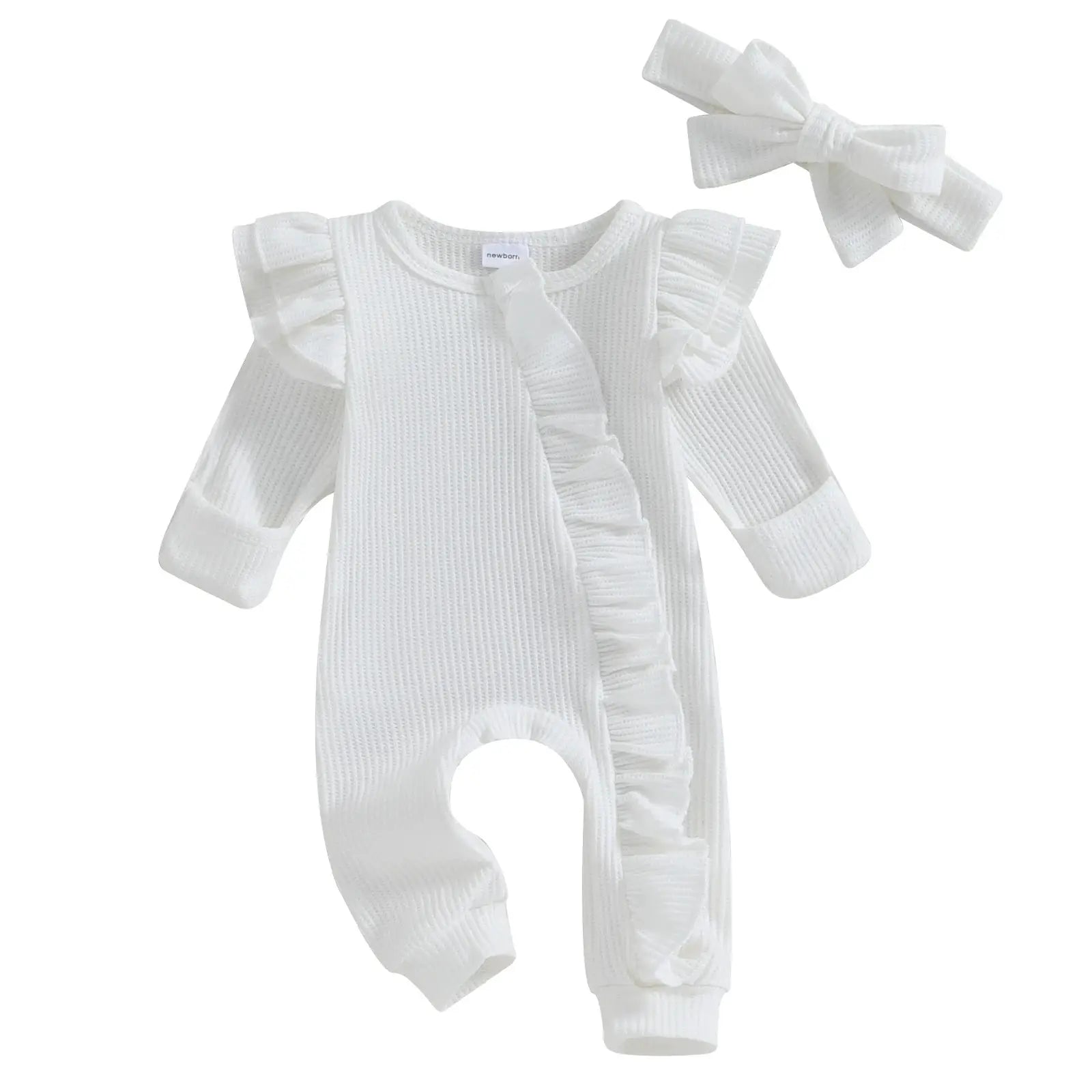 Pudcoco Infant Baby Girl Autumn Jumpsuit Solid Color Round Neck Flying Sleeve Ruffled Zipper Romper with Bow Headband 0-12M by All Mart Bristol Ltd