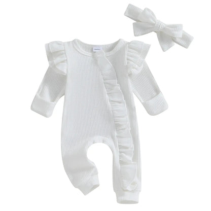 Pudcoco Infant Baby Girl Autumn Jumpsuit Solid Color Round Neck Flying Sleeve Ruffled Zipper Romper with Bow Headband 0-12M by All Mart Bristol Ltd
