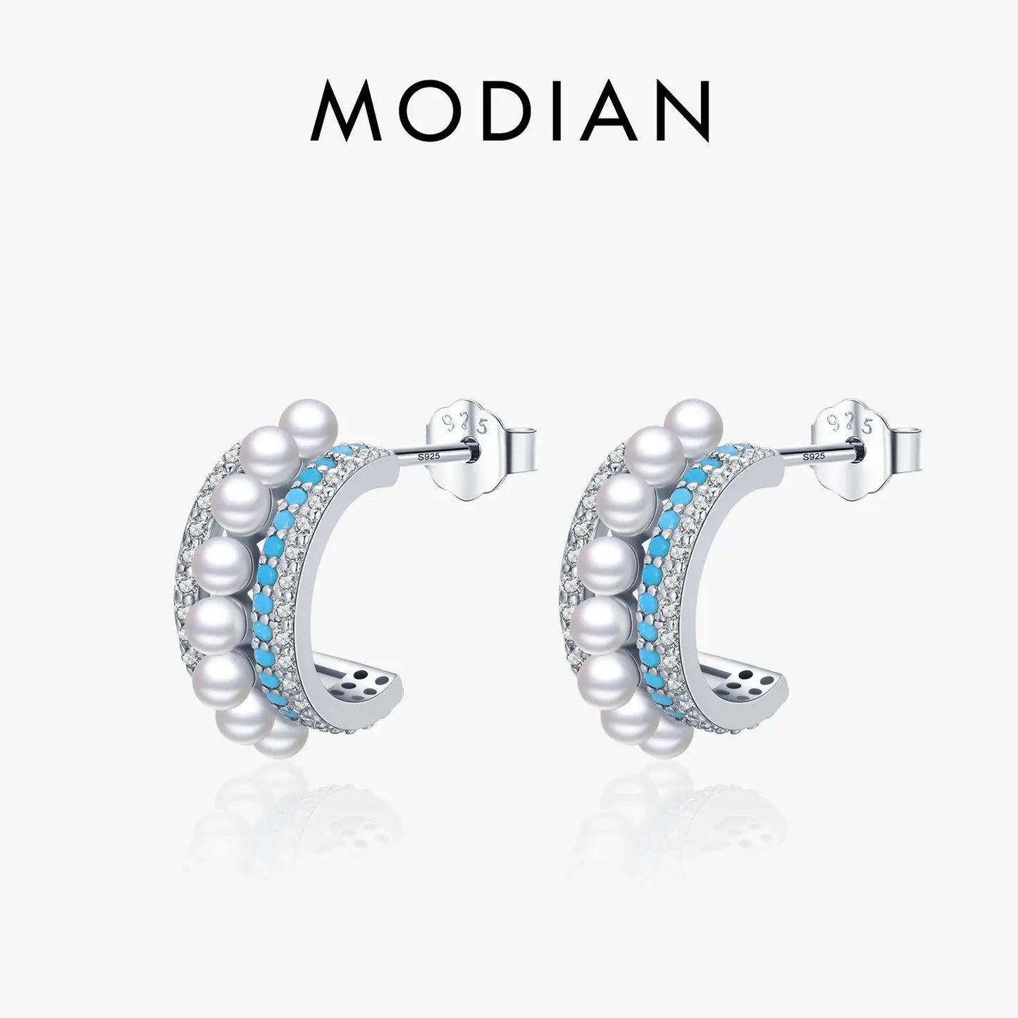 Modian Luxury Turquoise Ear Studs Real 925 Sterling Silver Pearl Charm Female Sparkling Stud Earrings For Women Brand Jewelry by All Mart Bristol Ltd
