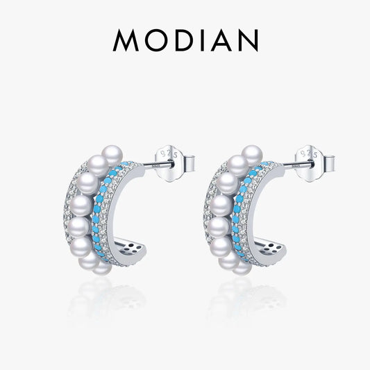 Modian Luxury Turquoise Ear Studs Real 925 Sterling Silver Pearl Charm Female Sparkling Stud Earrings For Women Brand Jewelry by All Mart Bristol Ltd